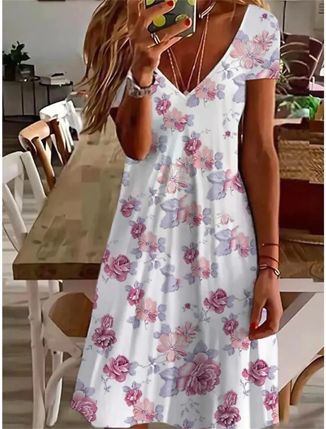 Women's Flower Plain Printed V-neck Casual Dress