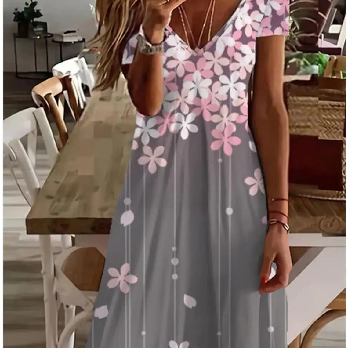 Women's Flower Plain Printed V-neck Casual Dress