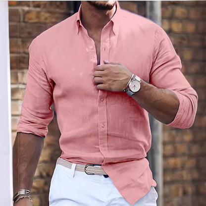 Cotton Linen Long Sleeve Shirt Solid Color Polo Collar Casual Style Shirt