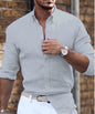 Cotton Linen Long Sleeve Shirt Solid Color Polo Collar Casual Style Shirt