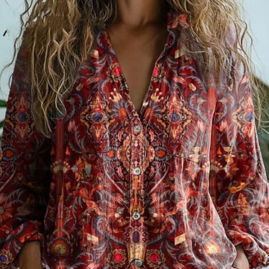 Women's Top V-neck Printed Exquisite Linen